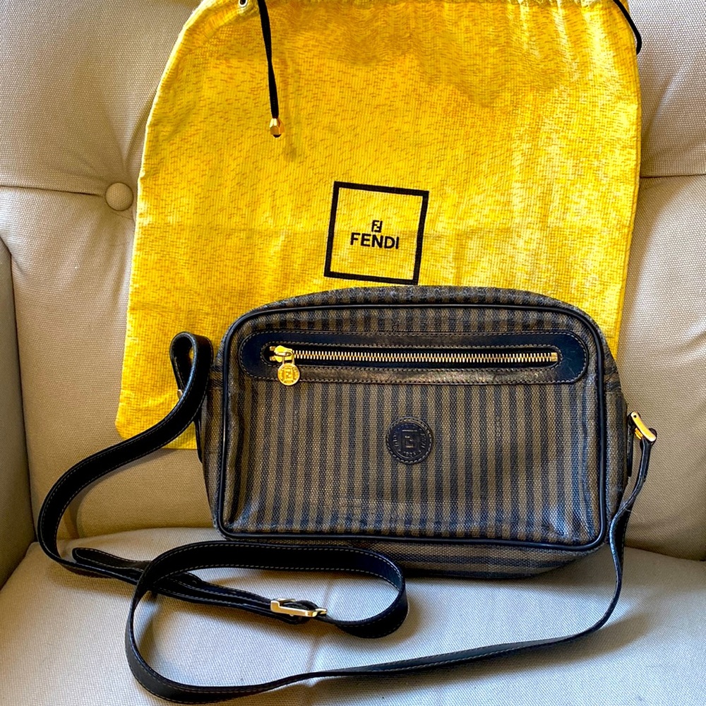 Black and dark brown striped Fendi camera crossbody bag with adjustable straps.